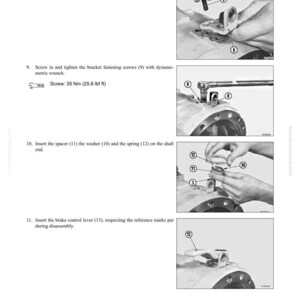 May include: Diagram of rear axle disassembly and assembly instructions. Includes steps for positioning the supporting bracket, inserting screws, tightening with a wrench, inserting a spacer, washer, and spring, and inserting the brake control lever.