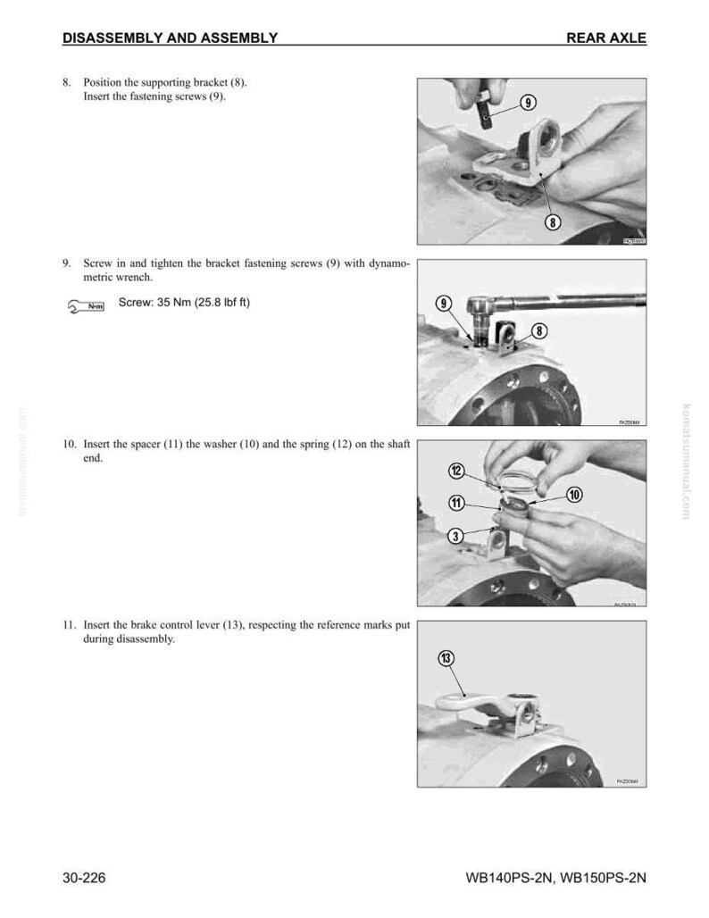May include: Diagram of rear axle disassembly and assembly instructions. Includes steps for positioning the supporting bracket, inserting screws, tightening with a wrench, inserting a spacer, washer, and spring, and inserting the brake control lever.