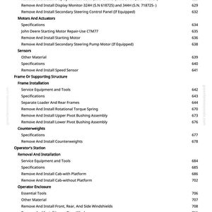 May include: A page from a manual with a list of system controls, motors, sensors, and other components. The text includes specifications, removal, and installation instructions for various parts.