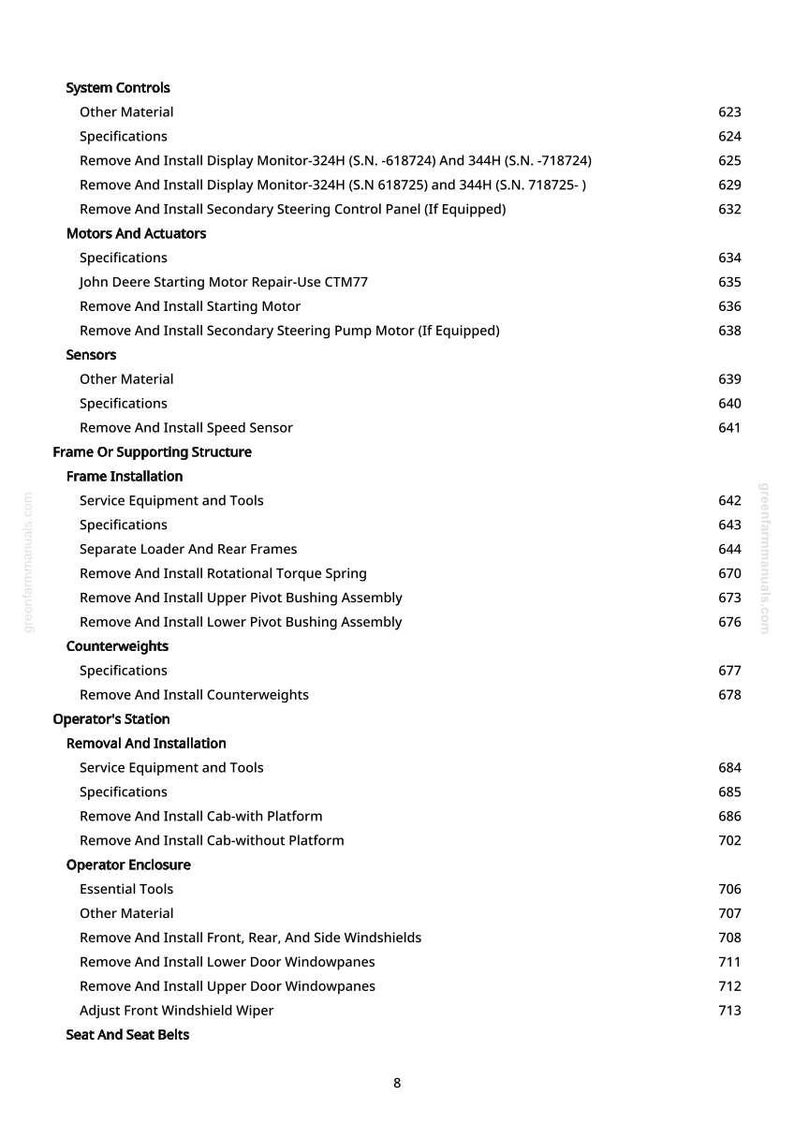 May include: A page from a manual with a list of system controls, motors, sensors, and other components. The text includes specifications, removal, and installation instructions for various parts.