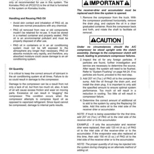 Pu&ograve; includere: Una pagina di manuale tecnico con istruzioni per controllare e manutenere il sistema di climatizzazione di un veicolo. Include avvertenze, linee guida sulla quantit&agrave; di olio e passaggi per la sostituzione dei componenti. La pagina contiene testo e diagrammi.