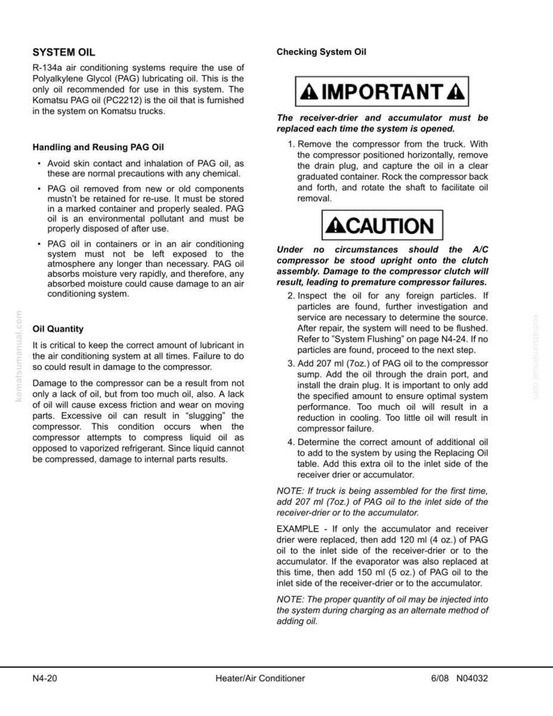 Pu&ograve; includere: Una pagina di manuale tecnico con istruzioni per controllare e manutenere il sistema di climatizzazione di un veicolo. Include avvertenze, linee guida sulla quantit&agrave; di olio e passaggi per la sostituzione dei componenti. La pagina contiene testo e diagrammi.