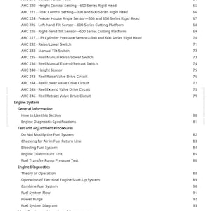 May include: A page from a manual with a list of engine system components and procedures. The text includes titles like "Engine Diagnostics" and "Test and Adjustment Procedures". The page number is 3.