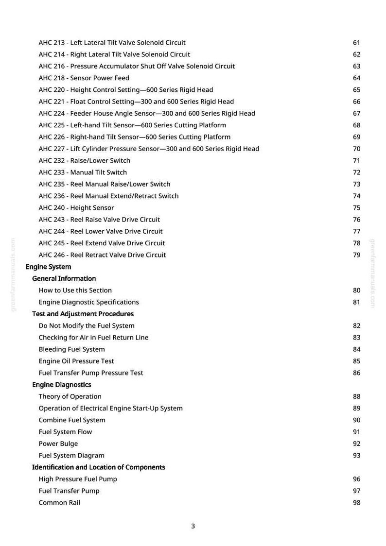May include: A page from a manual with a list of engine system components and procedures. The text includes titles like "Engine Diagnostics" and "Test and Adjustment Procedures". The page number is 3.