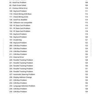 May include: A white page with a list of numbered entries related to vehicle diagnostics. The text includes terms like "CAN Bus Problem," "AutoTrac," and "Parallel Tracking Problem."