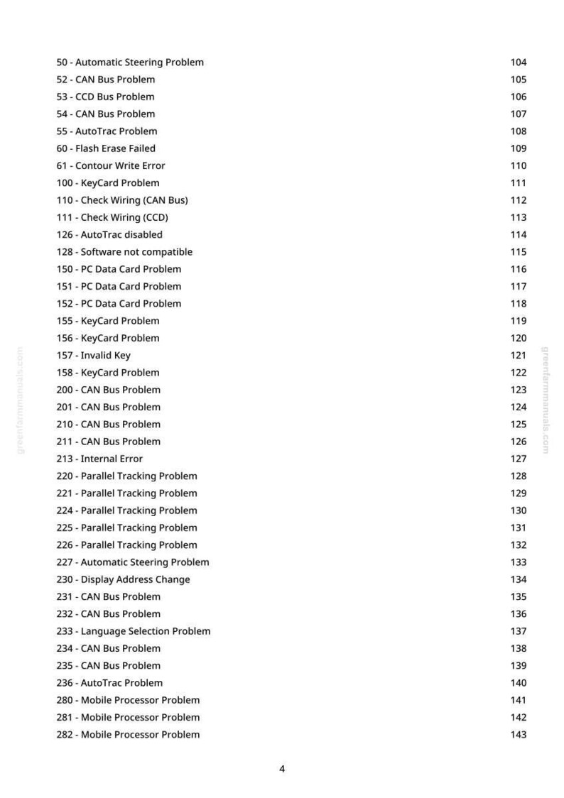 May include: A white page with a list of numbered entries related to vehicle diagnostics. The text includes terms like "CAN Bus Problem," "AutoTrac," and "Parallel Tracking Problem."