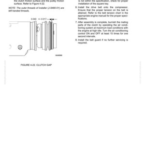 May include: Technical diagram with text instructions for clutch installation. The diagram shows a detailed view of the clutch gap, with measurements in inches and millimeters. Includes text instructions and a note about left-handed threads.