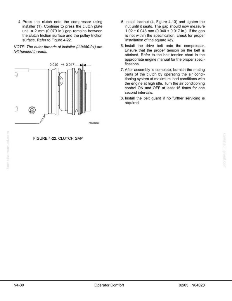 May include: Technical diagram with text instructions for clutch installation. The diagram shows a detailed view of the clutch gap, with measurements in inches and millimeters. Includes text instructions and a note about left-handed threads.