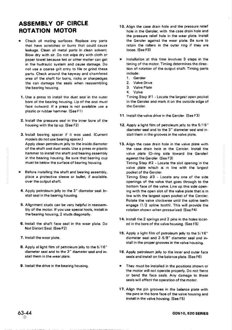 May include: Assembly instructions for a circle rotation motor, including steps for installing seals, plates, and drives. The guide details aligning components and applying petroleum jelly. Text includes "GD510, 520 SERIES".