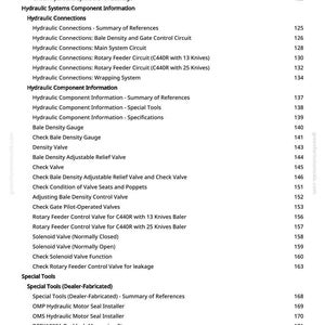 May include: A page from a manual with a table of contents for hydraulic systems. The text includes sections on hydraulic connections, component information, and special tools. Page numbers are listed on the right.