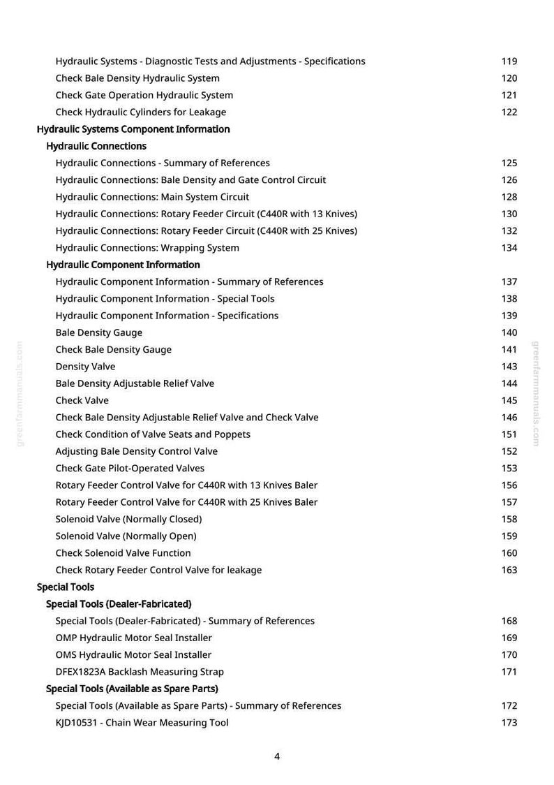 May include: A page from a manual with a table of contents for hydraulic systems. The text includes sections on hydraulic connections, component information, and special tools. Page numbers are listed on the right.