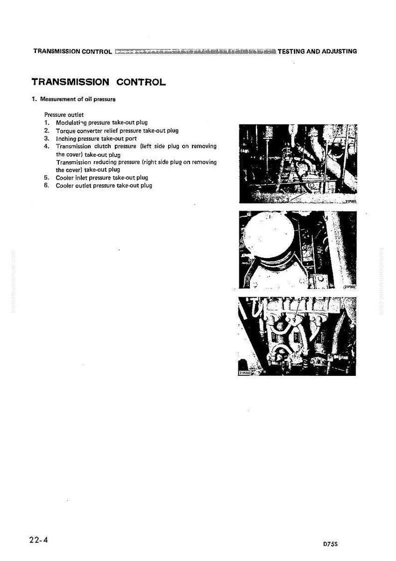May include: A page from a manual titled "Transmission Control" with diagrams and a list of pressure outlets, including take-out plugs. The diagrams show engine components in black and white. The page also includes the number "22-4" and the code "D755".