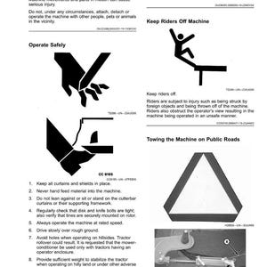 Pu&ograve; includere: Manuale di sicurezza con diagrammi e testo, che fornisce istruzioni per il funzionamento dei macchinari. Evidenzia le precauzioni di sicurezza, tra cui il divieto di passeggeri e il traino su strade pubbliche. Include illustrazioni.