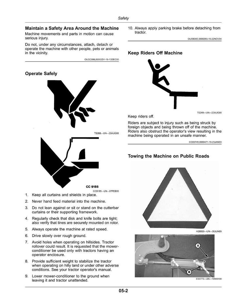 Pu&ograve; includere: Manuale di sicurezza con diagrammi e testo, che fornisce istruzioni per il funzionamento dei macchinari. Evidenzia le precauzioni di sicurezza, tra cui il divieto di passeggeri e il traino su strade pubbliche. Include illustrazioni.