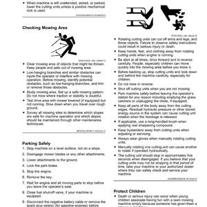May include: A page from a safety manual with the title "Safety". The text includes warnings about rotating blades and instructions for safe mowing practices. Diagrams illustrate safe mowing techniques.