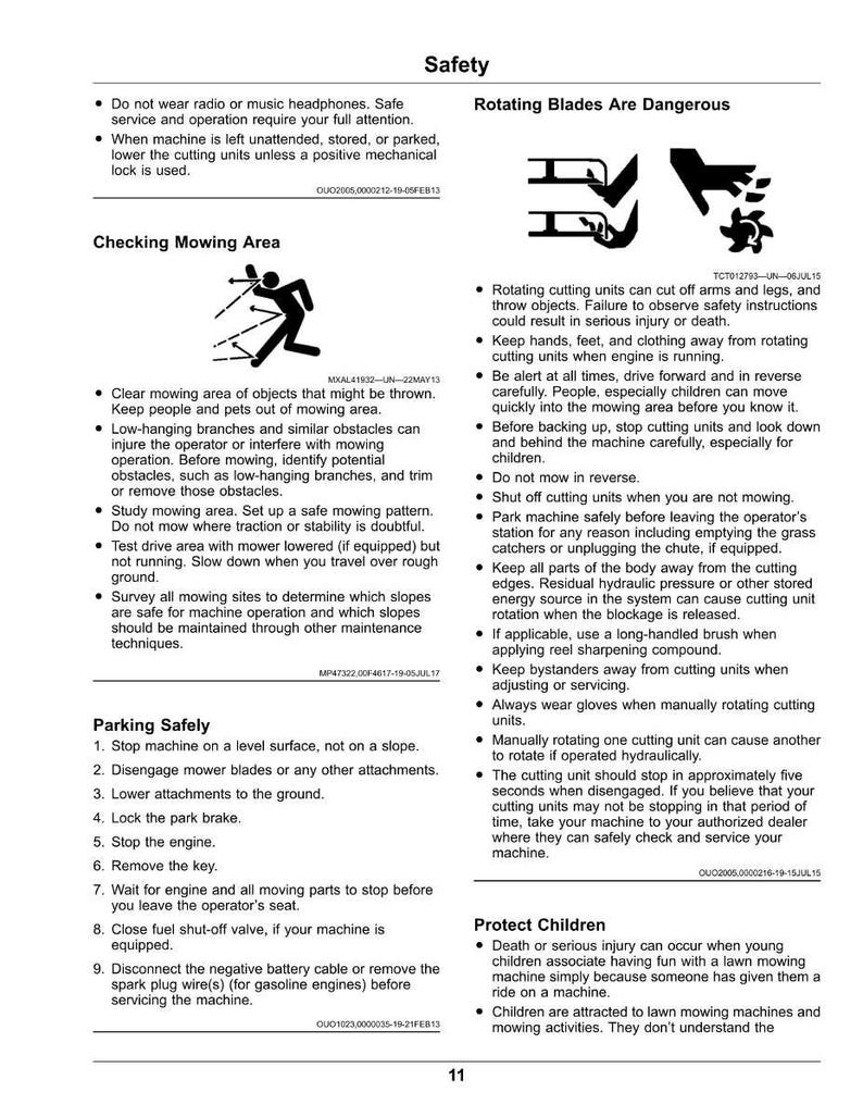 May include: A page from a safety manual with the title "Safety". The text includes warnings about rotating blades and instructions for safe mowing practices. Diagrams illustrate safe mowing techniques.