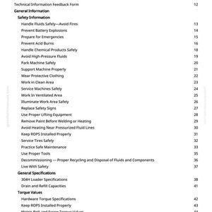 May include: A manual's contents page, titled "Table of Contents." It details safety information, general specifications, and torque values. Sections cover safe fluid handling, preventing explosions, and correct machine operation.