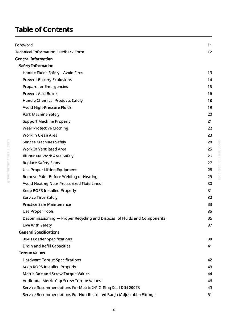May include: A manual's contents page, titled "Table of Contents." It details safety information, general specifications, and torque values. Sections cover safe fluid handling, preventing explosions, and correct machine operation.