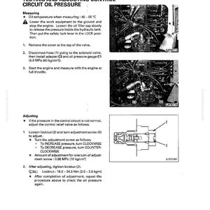 May include: A page from a manual titled "Testing and Adjusting Control Circuit Oil Pressure." The page includes diagrams and instructions for measuring and adjusting oil pressure, with measurements in MPa and kg/cm&sup2;.