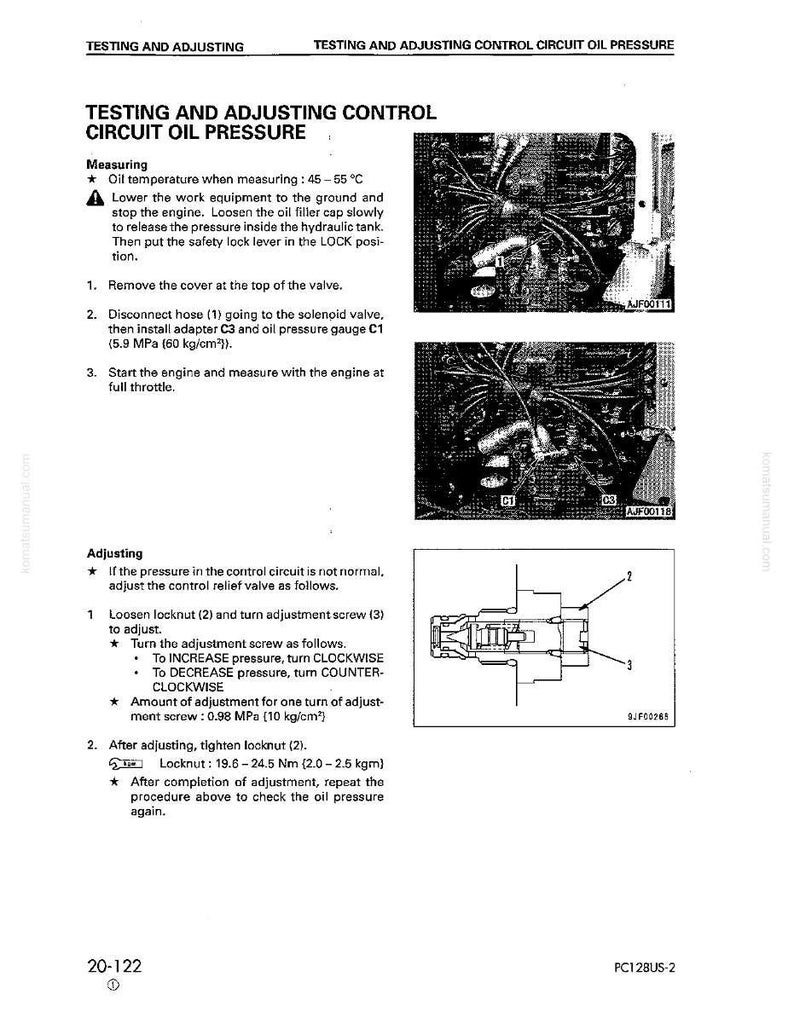 May include: A page from a manual titled "Testing and Adjusting Control Circuit Oil Pressure." The page includes diagrams and instructions for measuring and adjusting oil pressure, with measurements in MPa and kg/cm&sup2;.