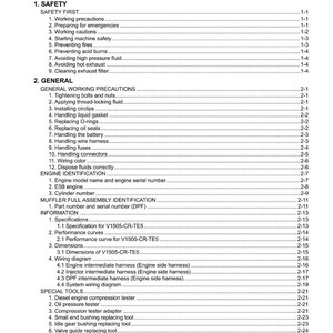 May include: A page from a manual titled "CONTENTS" with a list of safety precautions, general working precautions, engine identification, and special tools. The document includes sections on safety, general maintenance, and engine-specific information.