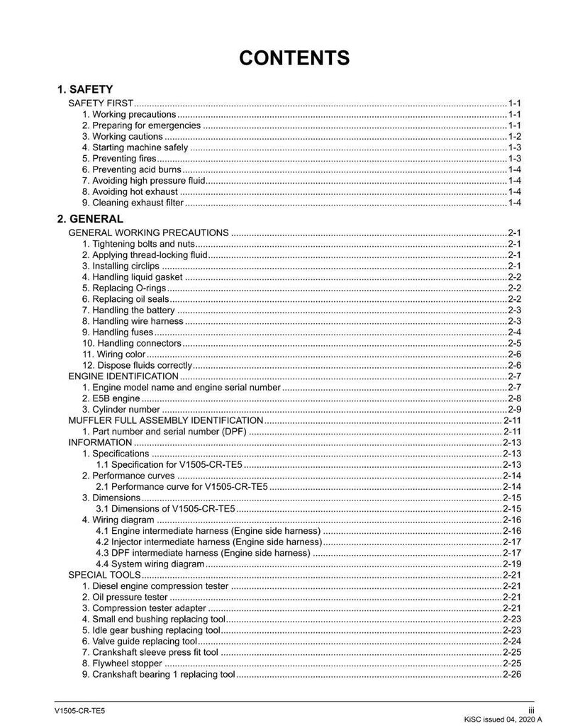 May include: A page from a manual titled "CONTENTS" with a list of safety precautions, general working precautions, engine identification, and special tools. The document includes sections on safety, general maintenance, and engine-specific information.