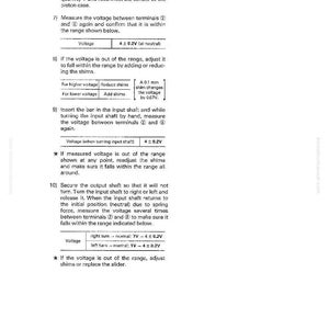 Op de afbeelding: Een pagina uit een handleiding met details over het stuursysteem en het afstellen van de EPS-koppelsensor. De tekst bevat instructies over het meten van de spanning en het afstellen van shims, met spanningsbereiken. De pagina is wit met zwarte tekst.