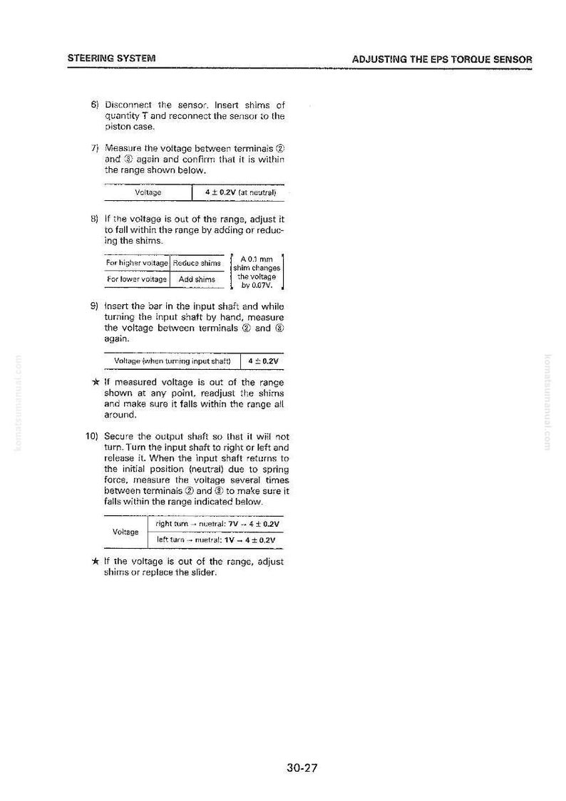 Op de afbeelding: Een pagina uit een handleiding met details over het stuursysteem en het afstellen van de EPS-koppelsensor. De tekst bevat instructies over het meten van de spanning en het afstellen van shims, met spanningsbereiken. De pagina is wit met zwarte tekst.