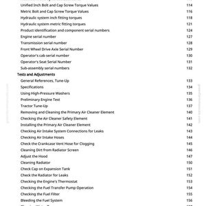 Pu&ograve; includere: Una pagina bianca con un sommario dettagliato per un manuale del trattore. La tabella elenca argomenti come la manutenzione del motore, i sistemi idraulici e l'identificazione del numero di serie. Il numero di pagina &egrave; a destra.
