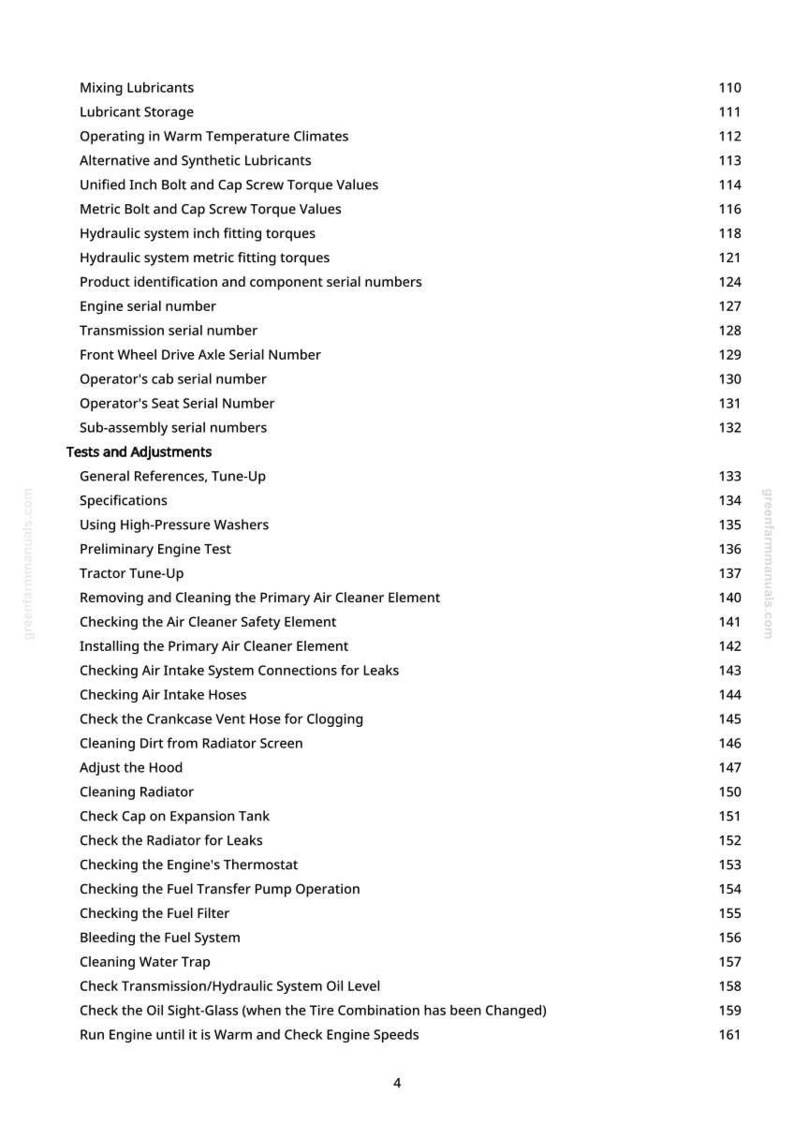 Pu&ograve; includere: Una pagina bianca con un sommario dettagliato per un manuale del trattore. La tabella elenca argomenti come la manutenzione del motore, i sistemi idraulici e l'identificazione del numero di serie. Il numero di pagina &egrave; a destra.