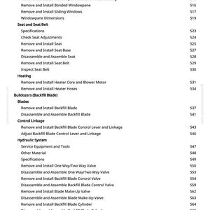 May include: A detailed table of contents from a manual, with headings and page numbers. Topics include operator enclosure, seat and seat belt, heating, bulldozers, blades, and hydraulic systems. The text is in black on a white background.