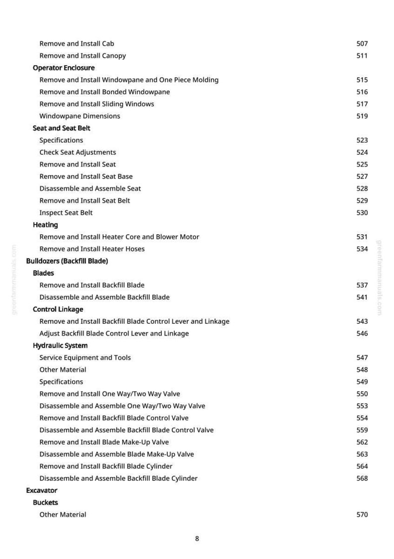 May include: A detailed table of contents from a manual, with headings and page numbers. Topics include operator enclosure, seat and seat belt, heating, bulldozers, blades, and hydraulic systems. The text is in black on a white background.