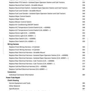 Puede incluir: Una p&aacute;gina de manual con una lista de piezas de tractor y sus n&uacute;meros de p&aacute;gina. El texto incluye elementos como "Replace Instrument Panel", "Wiring Harness" y "Clutch Housing".