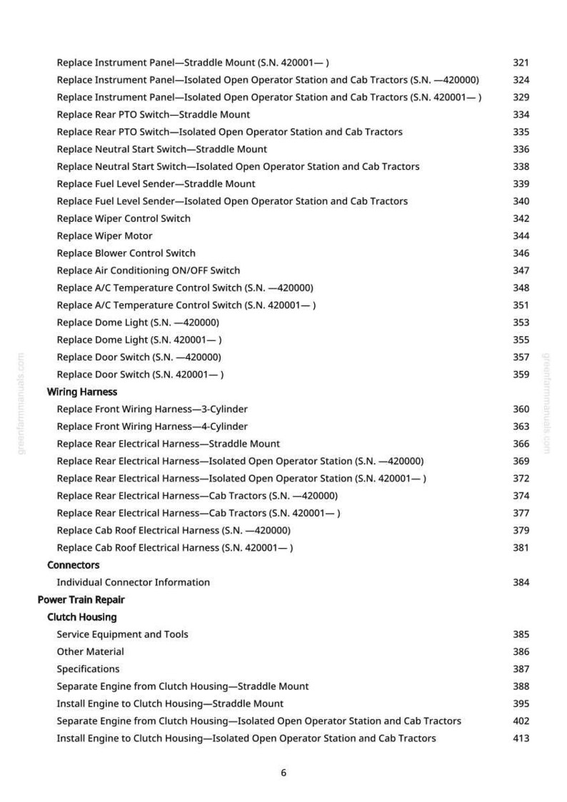 Puede incluir: Una p&aacute;gina de manual con una lista de piezas de tractor y sus n&uacute;meros de p&aacute;gina. El texto incluye elementos como "Replace Instrument Panel", "Wiring Harness" y "Clutch Housing".