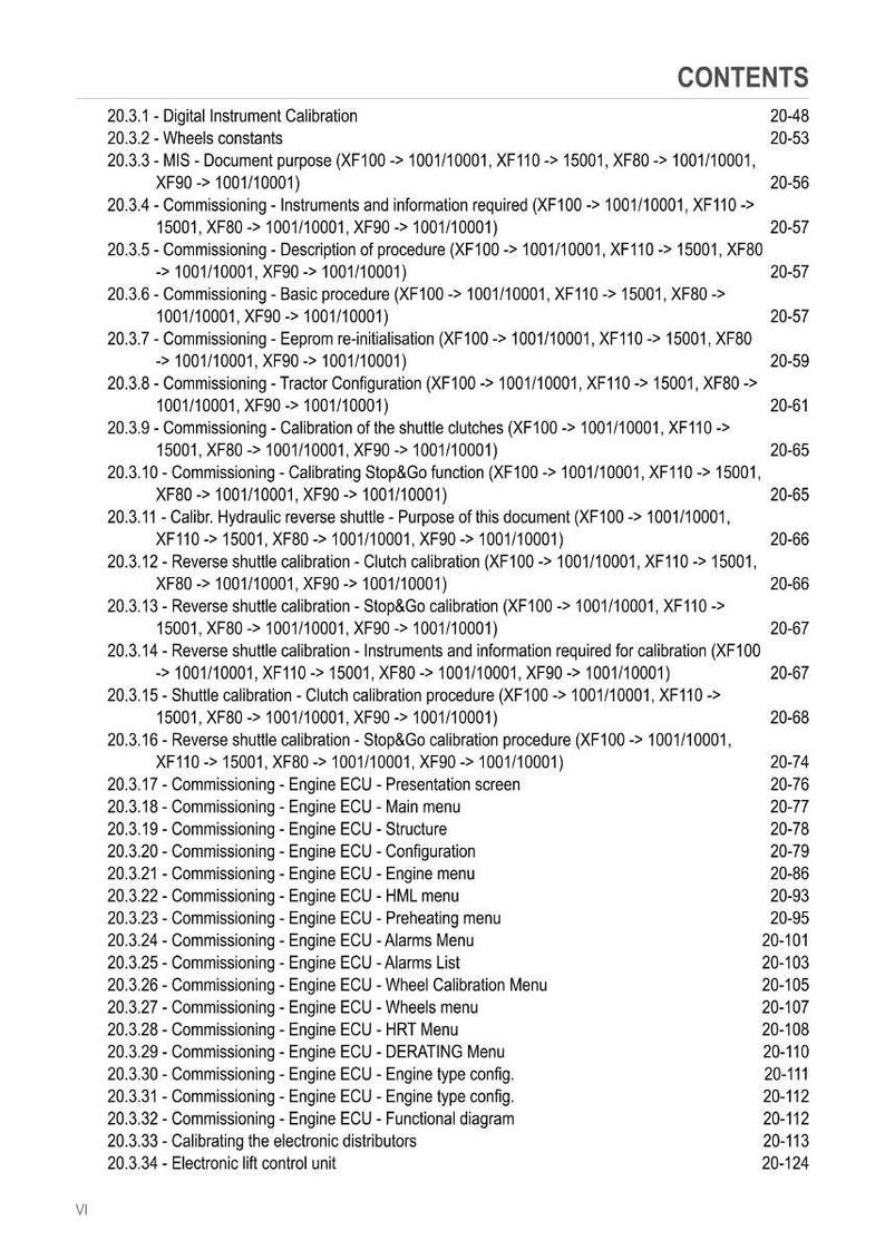 May include: A page from a manual titled "CONTENTS" with a list of commissioning procedures for an engine control unit (ECU). The list includes calibration, configuration, and menu options. The page numbers are listed on the right.