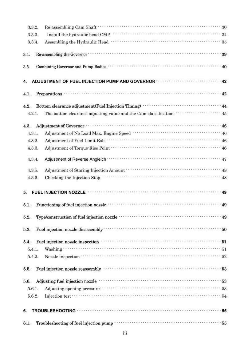 May include: A detailed table of contents from a manual, with headings and subheadings related to fuel injection systems. The text is black on a white background, with page numbers on the right.