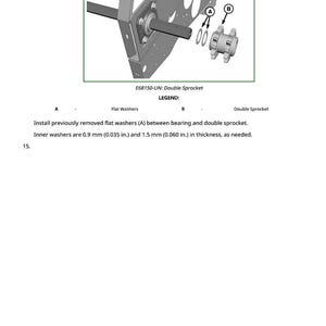 May include: Diagram of mechanical components, including a double sprocket, flat washers, and a bearing. The image includes the text "E68150-UN: Double Sprocket" and instructions for assembly. Inner washers are 0.035 in. and 0.060 in. thick.
