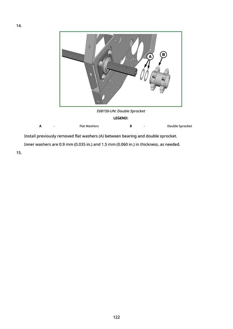 May include: Diagram of mechanical components, including a double sprocket, flat washers, and a bearing. The image includes the text "E68150-UN: Double Sprocket" and instructions for assembly. Inner washers are 0.035 in. and 0.060 in. thick.