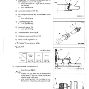 May include: Diagram of a hydraulic cylinder disassembly and assembly process. The image includes detailed illustrations of piston rod assembly, with labels and instructions for each step. Includes measurements in kNm and kgm.