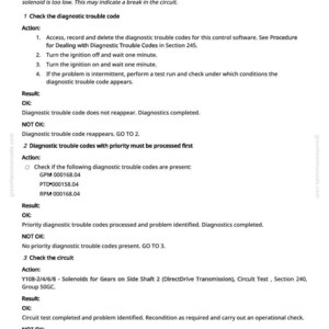 May include: A diagnostic troubleshooting guide for a solenoid coil, detailing steps to check and resolve issues related to gear 4 current being too low. Includes instructions, results, and diagnostic codes.