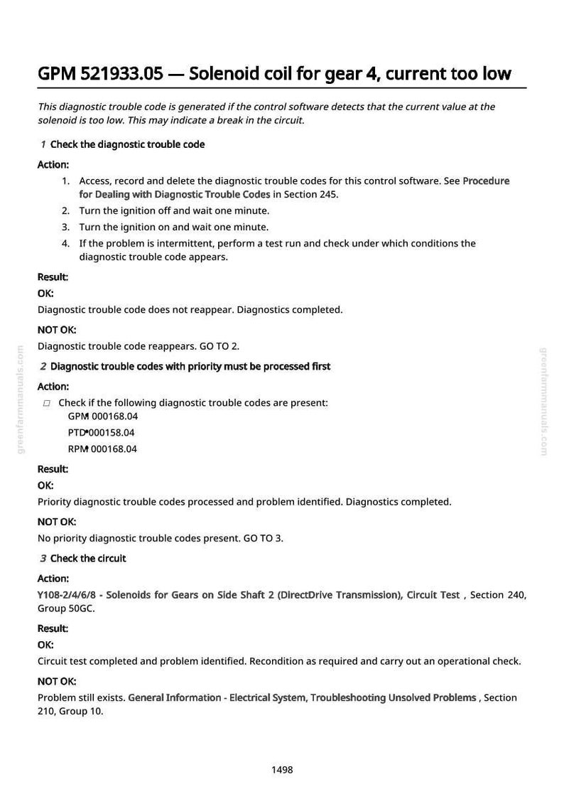 May include: A diagnostic troubleshooting guide for a solenoid coil, detailing steps to check and resolve issues related to gear 4 current being too low. Includes instructions, results, and diagnostic codes.