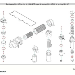 Op de afbeelding: Een explosietekening van een servicekit, met diverse mechanische componenten. De kit bevat filters, afdichtingen en andere onderdelen, met de tekst "Servicesatz 1004-40T Service kit 1004-40T" bovenaan. Het Weidemann-logo is onderaan zichtbaar.