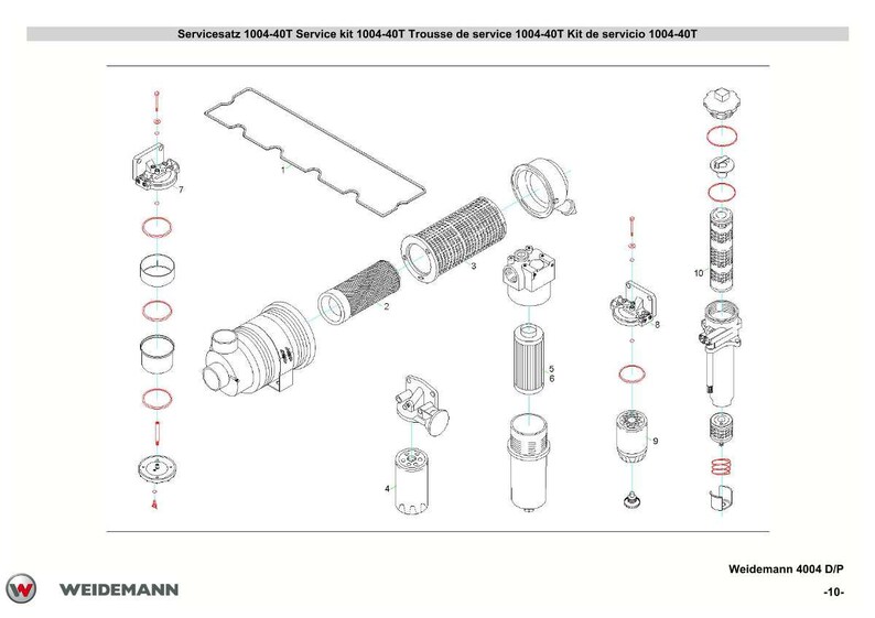 Op de afbeelding: Een explosietekening van een servicekit, met diverse mechanische componenten. De kit bevat filters, afdichtingen en andere onderdelen, met de tekst "Servicesatz 1004-40T Service kit 1004-40T" bovenaan. Het Weidemann-logo is onderaan zichtbaar.
