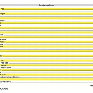 May include: A page from a Weidemann 3006 P50 parts list, featuring a table of contents in German. The document has a white background with yellow horizontal lines and black text. The Weidemann logo is at the bottom.