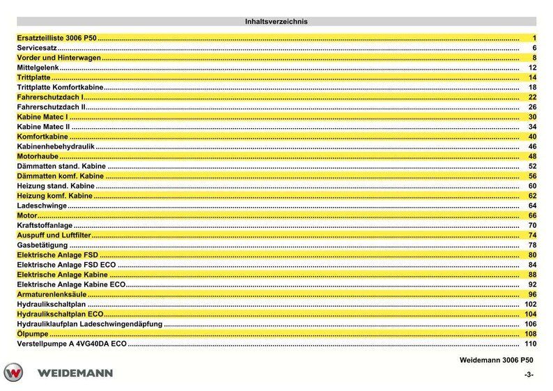 May include: A page from a Weidemann 3006 P50 parts list, featuring a table of contents in German. The document has a white background with yellow horizontal lines and black text. The Weidemann logo is at the bottom.