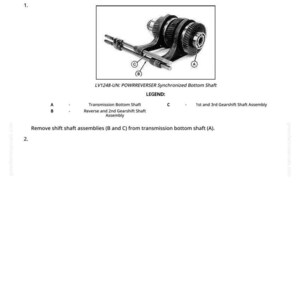 May include: Diagram of a gearshift shaft assembly with labels and a legend. The image includes the text "Disassemble, Inspect, and Assemble Gearshift Shaft Assemblies" and "LV1248-UN: POWRREVERSER Synchronized Bottom Shaft."