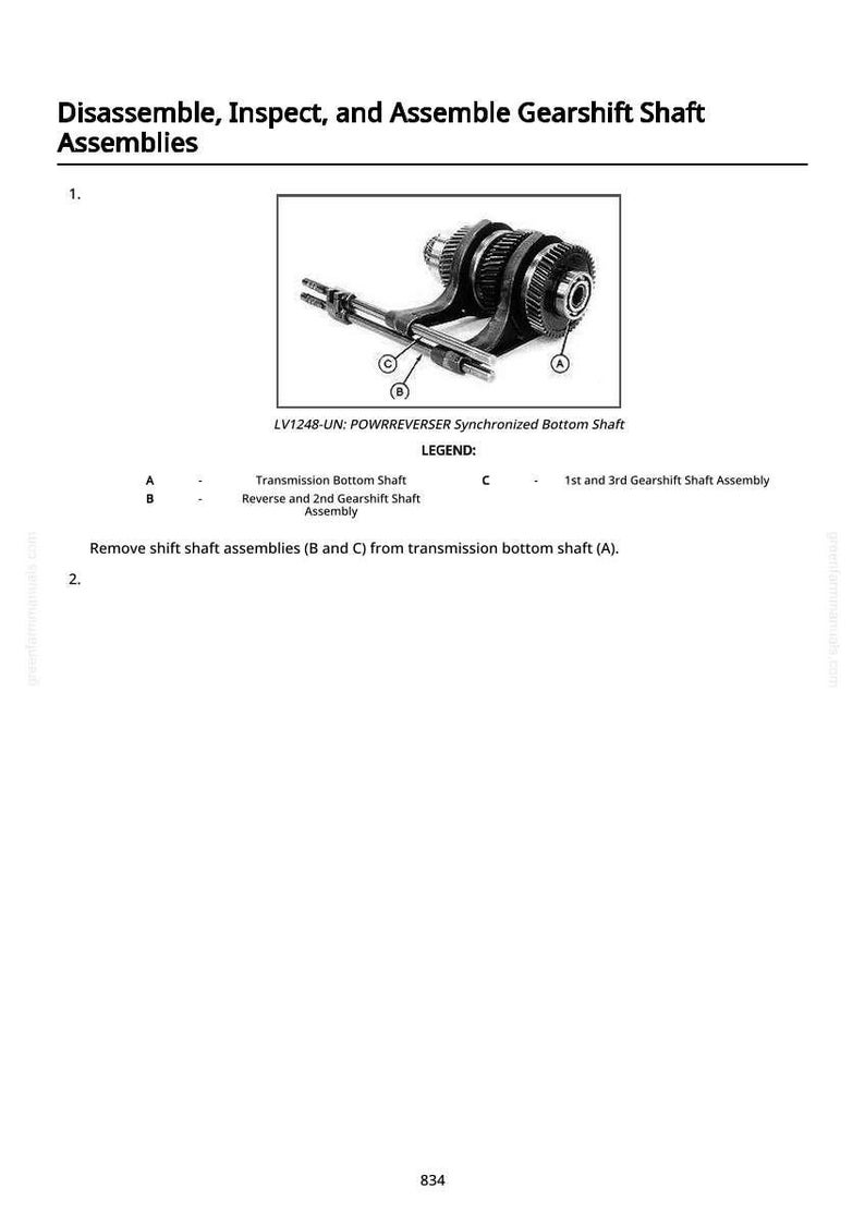 May include: Diagram of a gearshift shaft assembly with labels and a legend. The image includes the text "Disassemble, Inspect, and Assemble Gearshift Shaft Assemblies" and "LV1248-UN: POWRREVERSER Synchronized Bottom Shaft."