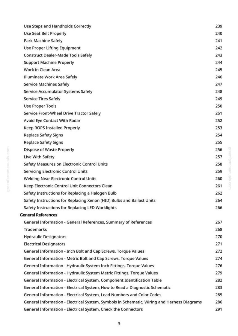 May include: A printed page from a manual with a list of safety instructions and general information. The text includes topics like "Use Seat Belt Properly", "Service Tires Safely", and "Electrical Designators". The page number is 3.