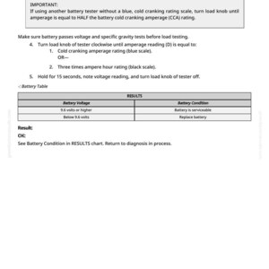 May include: A white page with instructions for a battery tester. The text includes steps for connecting cables, turning knobs, and interpreting readings. A table shows voltage and battery condition results.