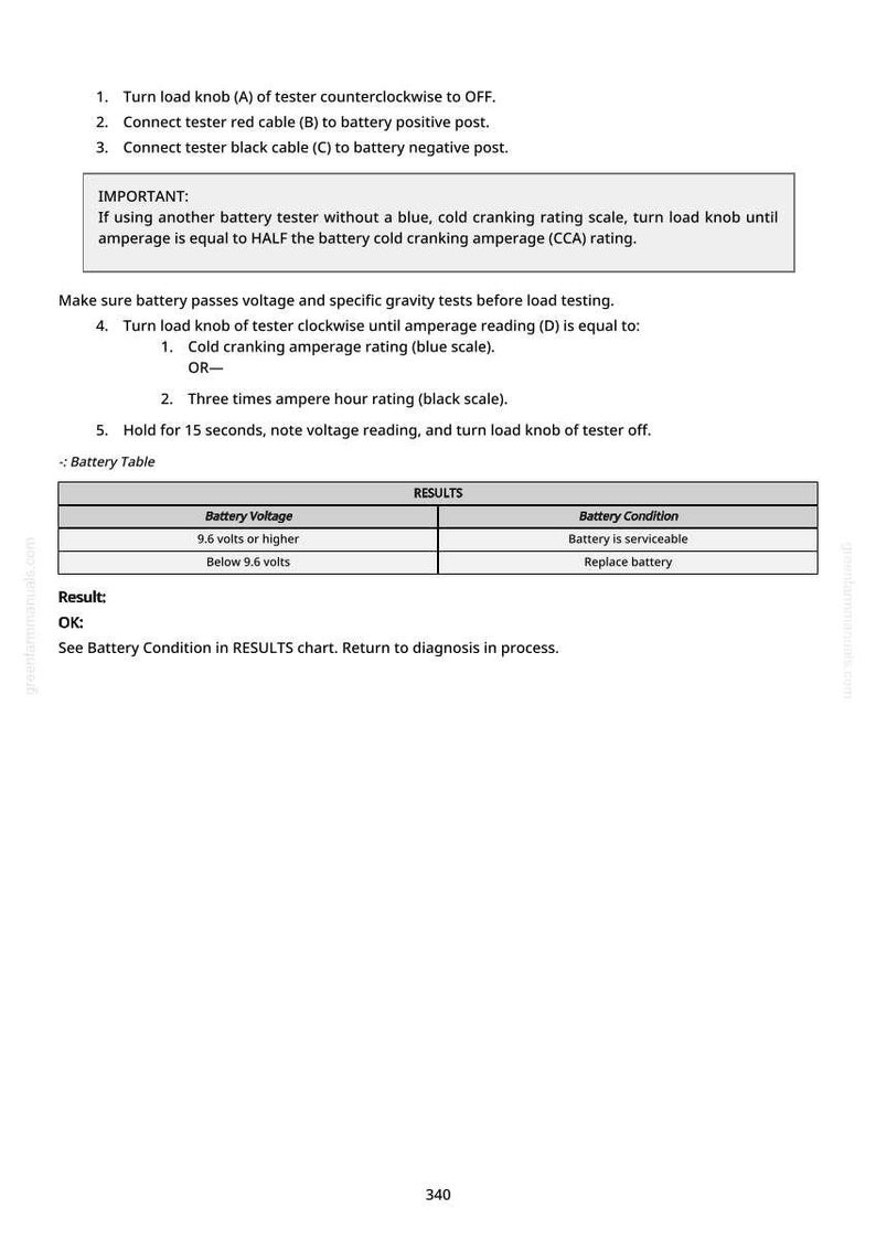 May include: A white page with instructions for a battery tester. The text includes steps for connecting cables, turning knobs, and interpreting readings. A table shows voltage and battery condition results.